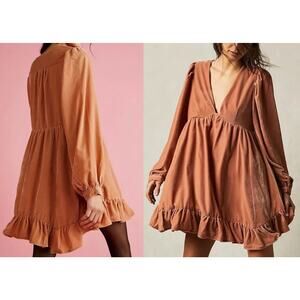 Free People | Estella Velvet Mini Dress Rose Pearl Long Sleeve | Sz S